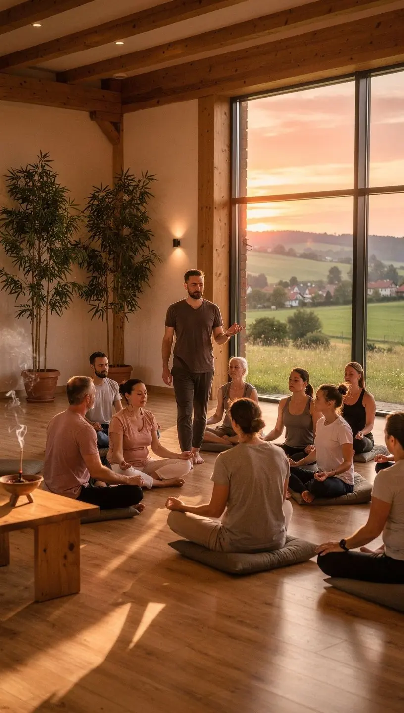 Grupa ludzi medytujących na macie w spokojnym otoczeniu natury