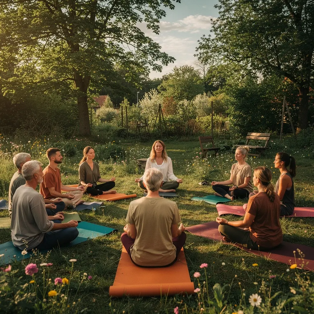 Widok na salę do jogi z zachodzącym słońcem przez okno