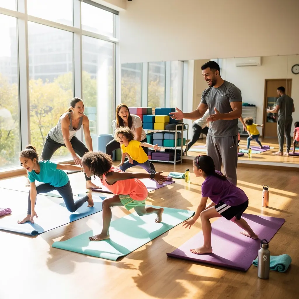 Uczestnicy zajęć jogi wykonujący asany na macie w słonecznym otoczeniu.