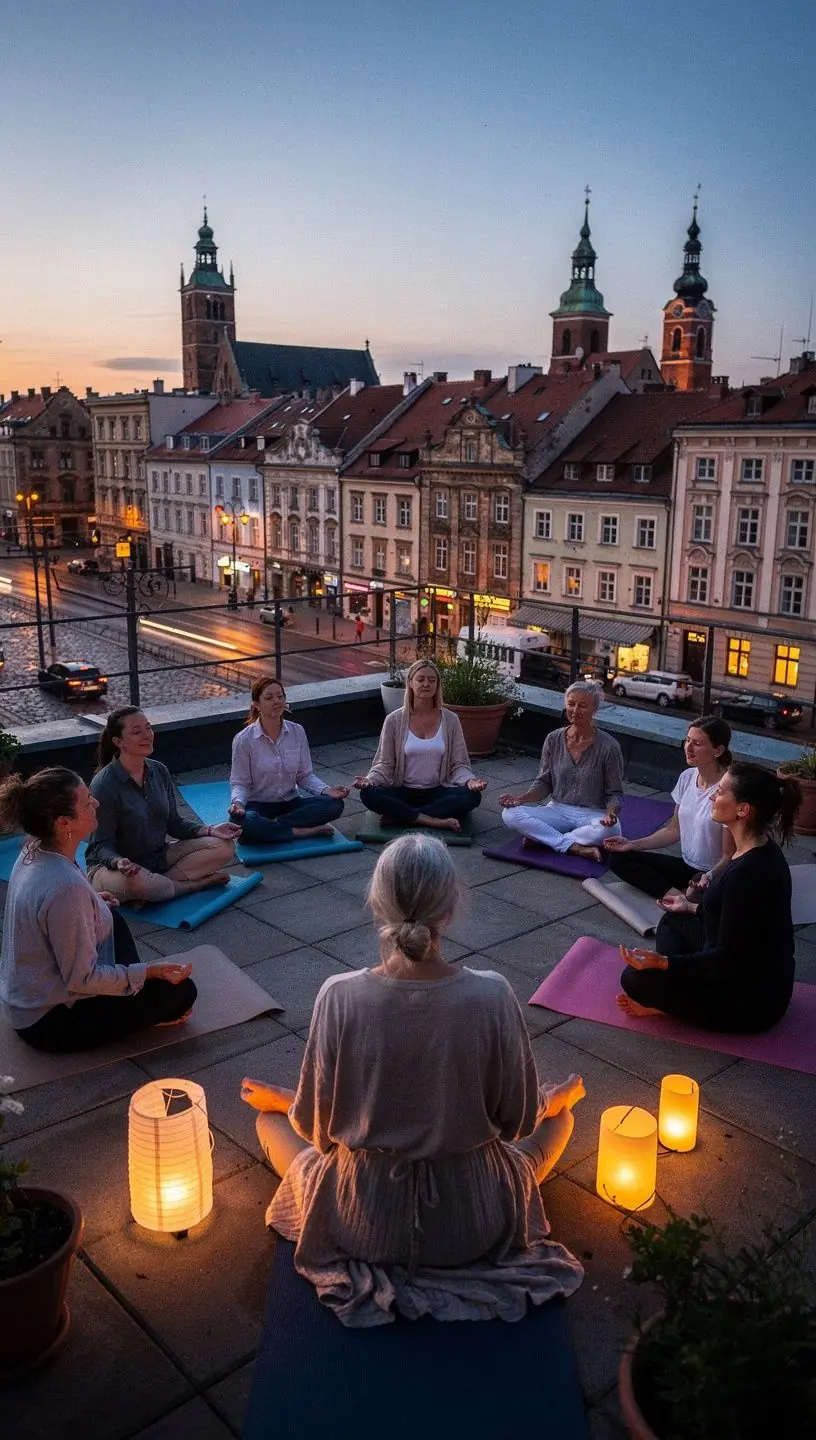 Instruktor prowadzący sesję medytacyjną z zamkniętymi oczami i spokojnym wyrazem twarzy.
