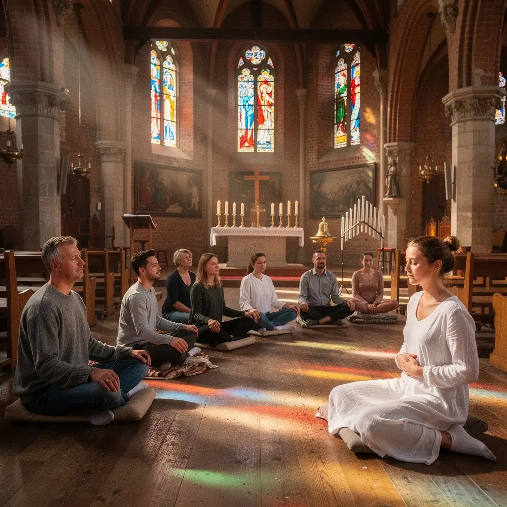 Widok na spokojny kącik do medytacji z poduszkami i świecami w cichym wnętrzu.