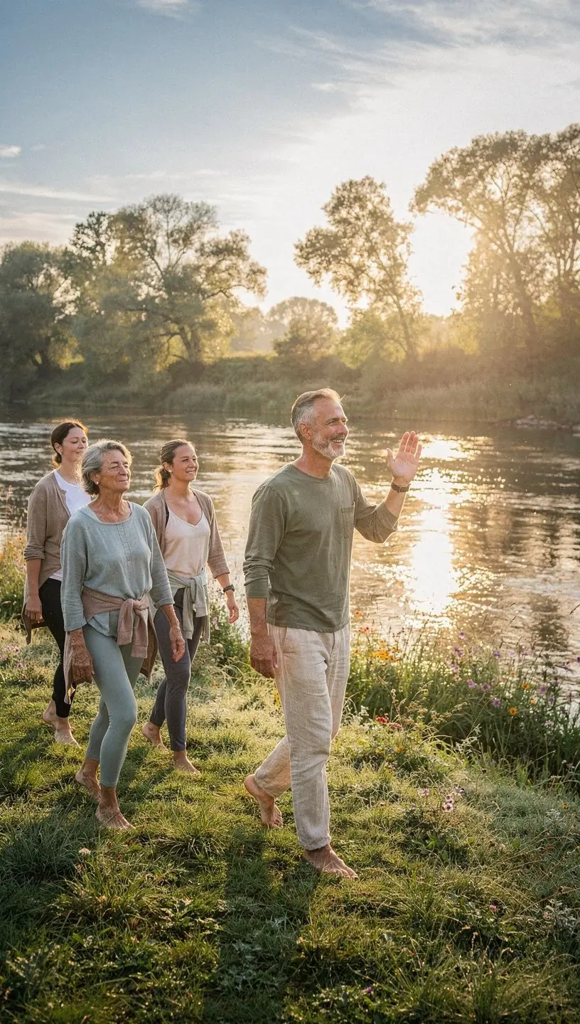 Grupa osób praktykujących medytację na świeżym powietrzu w pięknym parku.